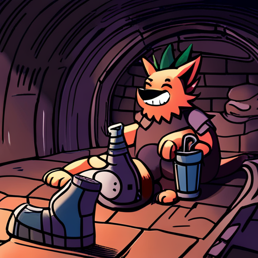 A medium-sized dog with brown fur happily drinks a beer in a dimly lit sewer tunnel. Zeb, a bearded man with a spikey mohawk, chuckles at the unexpected scene. The dog's tail wags with each gulp, finding contentment in the unusual surroundings.