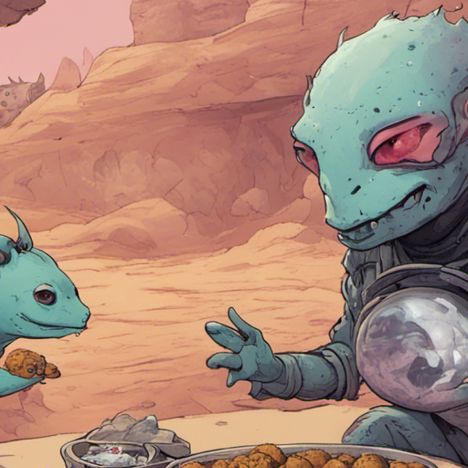 Quanta's falafel offering to the cautious axolotl, who eagerly gobbles it up, showing gratitude with a slight nod before returning to its calm demeanor. The Desert Cave System serves as the backdrop, with a crate and concussion grenades nearby.