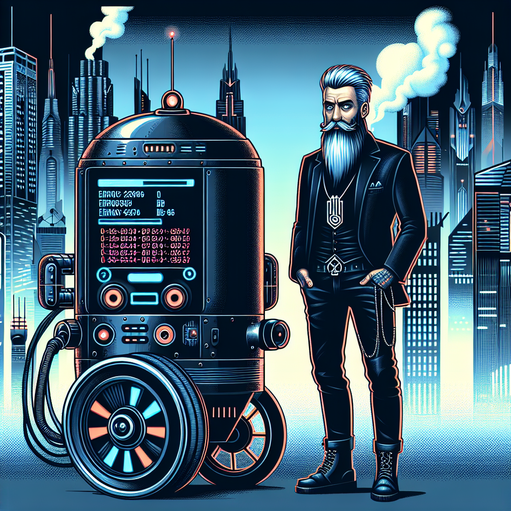 1. A cylindrical bot with wheels emits beeps, displaying error codes; nearby, a middle-aged goth with a beard stands, clad in black, a USB necklace visible. Skyscrapers loom, steam rises from a manhole.