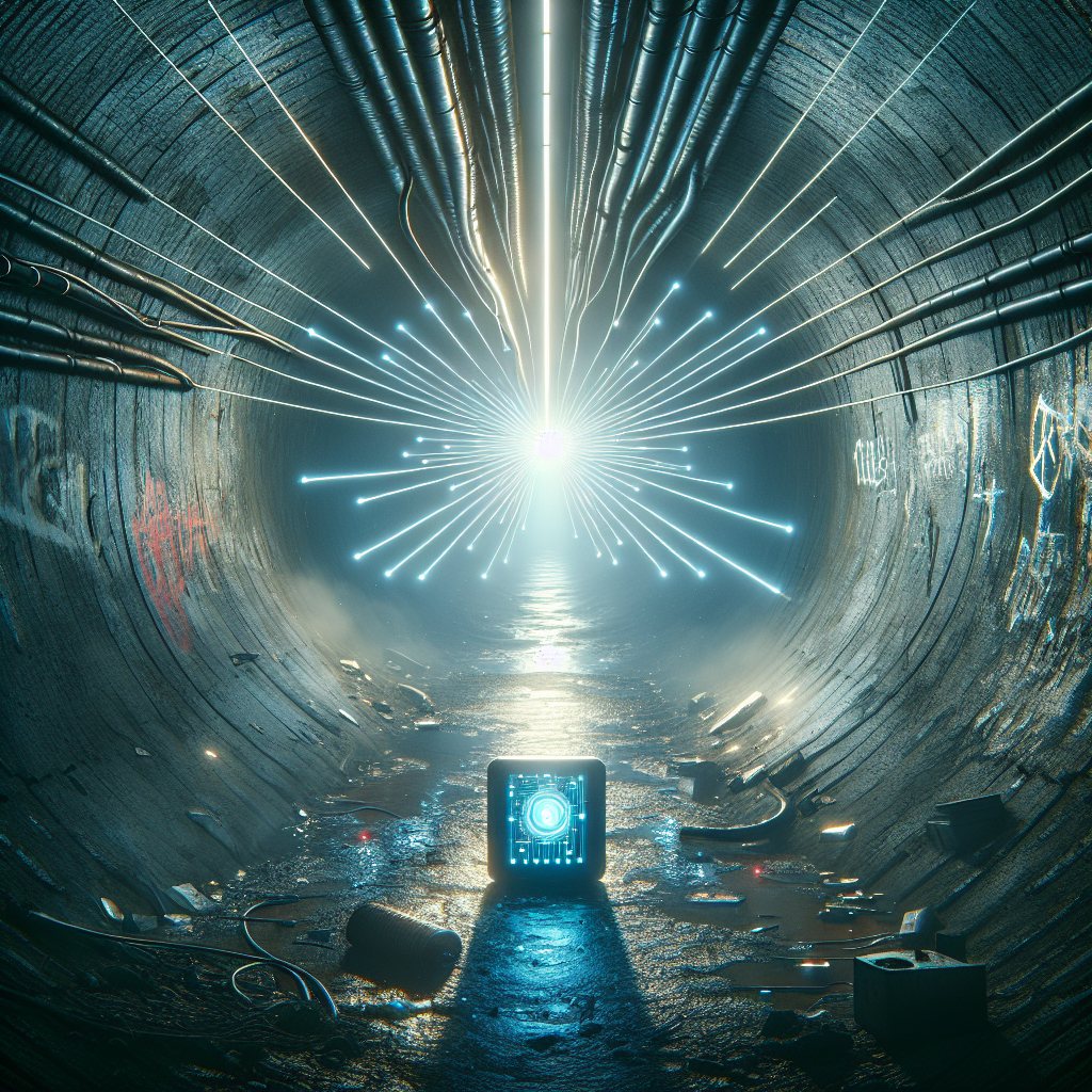 1. A small electronic device glows against the backdrop of a dark, cramped sewer tunnel. Thin light shafts pierce through trash, casting shadows on the damp walls lined with steaming pipes.