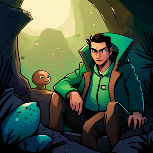 In the dimly lit cave, Wrewdison stands before a humanoid alien with a furrowed brow. The alien has a snout, pointed ears, and a greenish complexion. Wrewdison extends their hand in a gesture of peace, while the alien stares silently. Nearby, a cave axolotyl emits a faint green glow, and a dusty crate remains locked. The alien nods slowly, seemingly waiting for further communication.