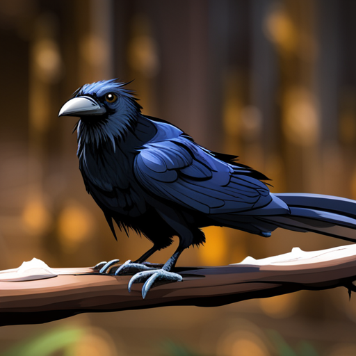 In the photo, a black-feathered Raven with piercing yellow eyes is perched on a wooden branch. Its wings are slightly spread out, as if ready to take flight. The Raven's beak is open, as if it's cawing. Its feathers are ruffled and it looks agitated. 
