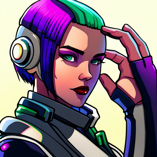 A cyberpunk woman with shoulder-length purple hair, Starla, looks up from her bike. She wears a neoprene jacket with neon colored piping.