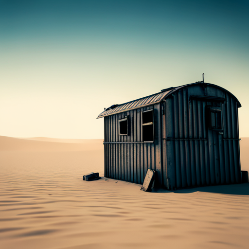 A small, corrugated metal security hut stands in the desert wasteland. The reinforced door and small windows suggest a place of protection. No activity can be seen inside.