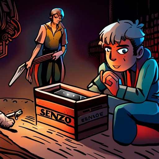 Vince peers into the crate, revealing high-tech devices with the Senzo Technologies logo. A note reads "For your eyes only." He retrieves the databrick miner, a tool for mining sensitive data. Nearby, a cave axolotyl's frilly gills give off a faint green glow. Thraeryn, the red Villain of Hackers.Town, lurks in the background.