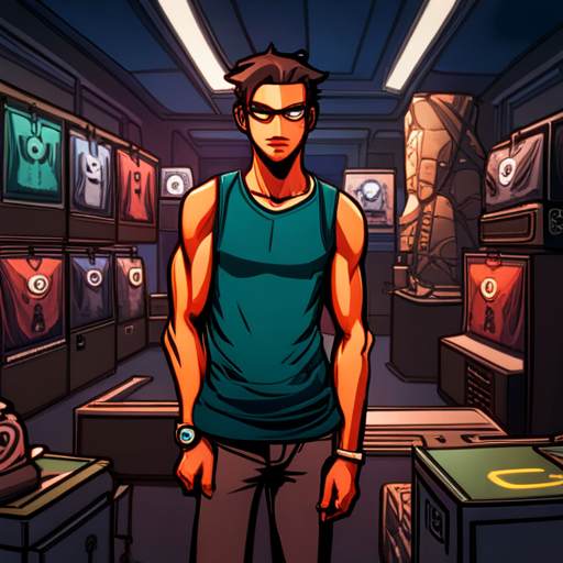 Zeb stands in front of a display of teeshirts, his eyes scanning the various designs. The shirts feature creatures and characters from the FICTION QUEST game. The cyberpunk retail store's cool vibe is evident in the background.