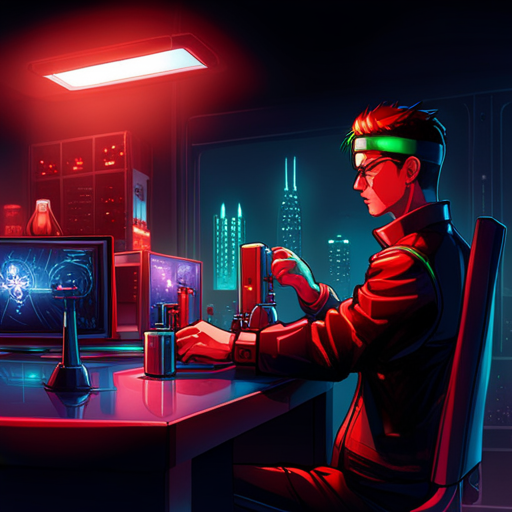 Cinja places a quarter on the bar top, waiting for Ratz to return with his drink. He admires the sleek Ono Sendai Cyberspace 7 cyberdeck, with its black exterior and bright green and red LEDs. The terry sweatband with dermatrodes catches his attention, allowing him to jack directly into cyberspace.