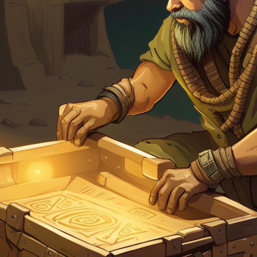 Zeb, a bearded man with a short mohawk, inspects a crate in the Desert Cave System. He discovers a hidden compartment filled with ancient scrolls. Curiosity piqued, he unravels the secrets within, revealing tales of lost civilizations and forgotten knowledge. The cave grows still as Zeb delves deeper into the mysteries.