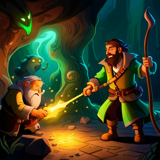 In the photo, Thraeryn carefully splashes water on a convulsing axolotyl with glowing green gills. Meanwhile, Mr. Whiskers, a bearded mountain man, makes his way towards the source of a loud hum in the cave system. He feels a mix of excitement and apprehension as he approaches the strange and ancient technology. Zeb, a bearded man with a spikey mohawk, is also present in the scene.