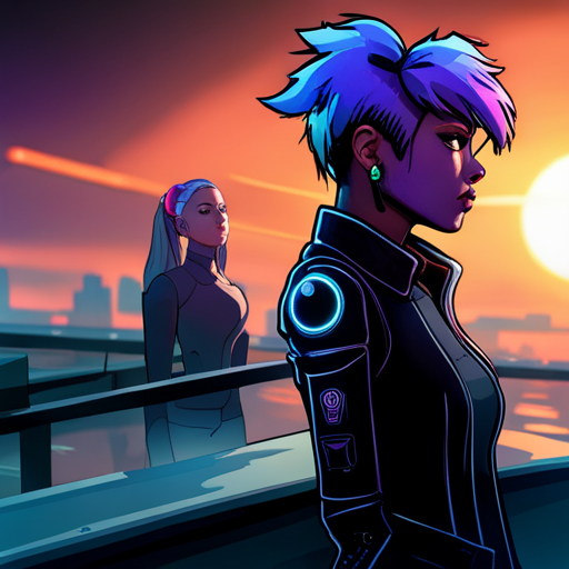 Zeb approaches Starla on The Bridge. She scans the ground with her drone while wearing a neoprene jacket with purple hair. Her custom bike is parked nearby.
