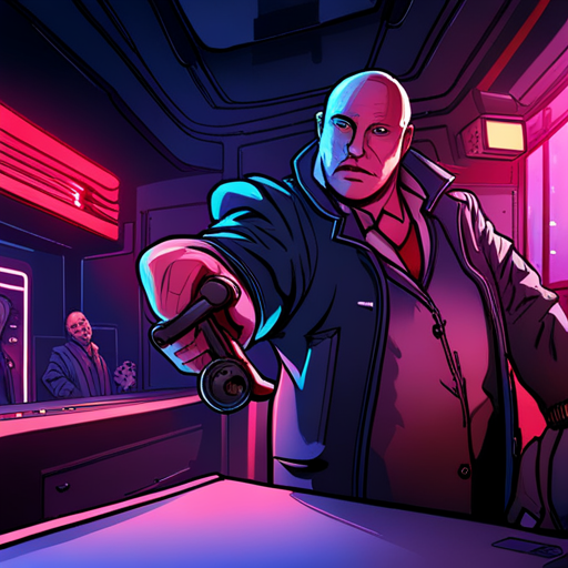 Zeb approaches Ratz, a gruff bartender with a shaven head and a robotic arm. Ratz nods and points to the back of the bar where there's a small door marked "employees only." The dim red lights and loud electronic music add to the cramped atmosphere of The Chatsubo.
