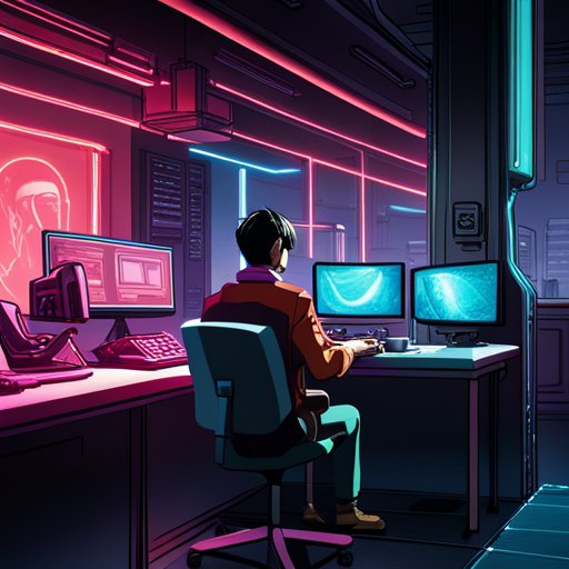 wrewdison sits at Ben's computer, scrolling through news articles about FQ's rival. The advanced technology of the system is evident in the three large monitors and floating touch screen. Pink and cyan lighting illuminates the room, which is cluttered with action figures and old computer devices.
