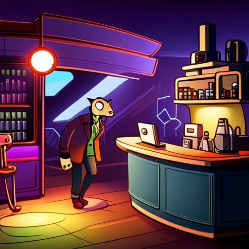 In cyberspace, Mr Whiskers searches for Zeb, scanning through networks and data for any clues. He can purchase virtual goods and services, but must be cautious of the dangers lurking in this dimly lit bar. Ratz, the bartender, with his robotic arm, serves drinks to a drunk man sleeping in his own drool. An Ono Sendai Cyberspace 7 cyberdeck with green and red LEDs sits nearby.