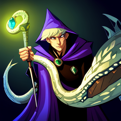 The sorcerer, with purple skin and a pointed hat, stands next to a giant snake with glowing green eyes. The snake's scales shimmer in the sunlight as the sorcerer holds a staff with a glowing crystal. 
