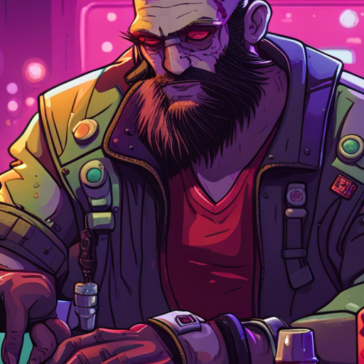 Zeb stands at the bar, looking at Ratz. Ratz, a gruff figure with a robotic arm, squints back at Zeb. The dim red lights of The Chatsubo illuminate the small bar, which is mostly empty. A drunk man sleeps in a pool of drool nearby. Zeb, a bearded man with a short mohawk, wears a sleeveless black shirt and loose pants. A USB drive dangles from his neck. The Ono Sendai Cyberspace 7 sits on the bar. It is quiet and still, but Ratz's words hang in the air, urging Zeb to investigate.