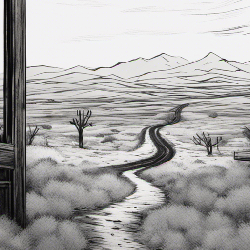 A dusty road stretches into the distance, captured in a grainy black and white video feed. Tumbleweeds roll by occasionally, mirroring the view outside the window. The scene is hot and barren, with no signs of life.