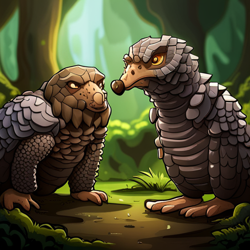 In the photo, Pangolin stares at wrewdison with newfound respect. The human-sized Pangolin mutant is covered in armor-like scales, with a long nose and sticky tongue. Wrewdison, a Q from the Q continuum, looks like a tall, fit man with a beard and slightly messy hair. Nearby, a crusty buzzard smells like rat guts.