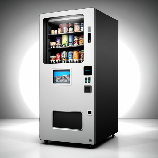 A vending machine with a digital touch screen interface stands in the Loading Screen. It offers a variety of items, from energy drinks to snacks and novelty items. The machine's trans-dimensional portal adds an air of mystery to the scene.