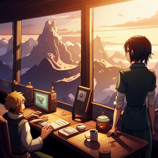 In the photo, Thraeryn is sitting at the bar of a tiny ramen restaurant, enjoying kappa-maki. Kappa, the ramen cook, has just set the plate down in front of him. Meanwhile, Basic Elf is looking over Waxpancake's shoulder at the computer screen, which displays scrolling hexadecimal codes. The red and white mural of the sunrise on the wall adds a pop of color to the scene.