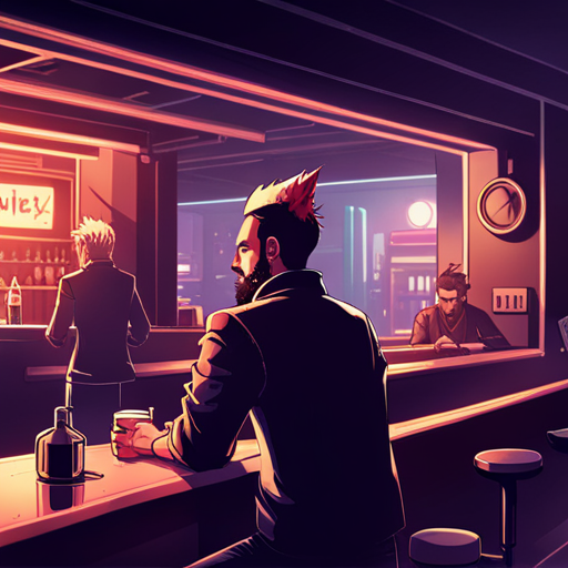 A bearded man with a spikey mohawk, Zeb, watches a mysterious figure in a dimly lit bar. Ratz tends to the bar, while patrons enjoy the rare tranquility. The Chatsubo is a peaceful sanctuary.