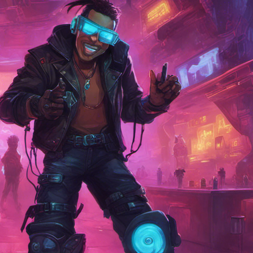 Crash, wearing a heads-up-display and rollerblades, smiles at Thraeryn. They are in Cyberdelia, a smoke-filled hacker nightclub. Neon lights illuminate the cavernous room filled with video games and techno music.