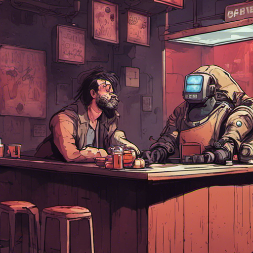 Potato stands in a dimly lit alley, catching their breath. They see a gruff bartender with a robotic arm behind a long wooden bar. A drunk man sleeps in a pool of drool nearby. The atmosphere is quiet and shadowy, with dim red lights illuminating the small bar. The adventure continues in this mysterious place.