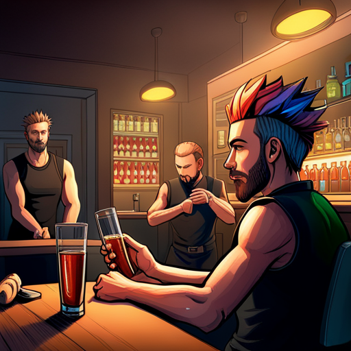 Zeb removes the dermatrodes from his skull, disconnecting from the Ono Sendai Cyberspace 7. The virtual representation of The Chatsubo fades away, revealing the dimly lit bar. Zeb, a bearded man with a spikey mohawk, sits at the bar in his black sleeveless shirt and pocketed pants. Ratz, the bartender, stands behind the long wooden bar. The Ono Sendai Cyberspace 7, a sleek black device with green and red LEDs, rests on the bar.