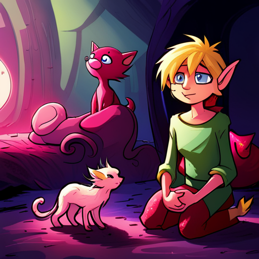 Basic Elf reaches out to Snarf, a small cat-like creature with red fur, trying to communicate with him. Snarf looks up at Basic Elf, confused by the sound, and can only respond with his own name "Snarf." Nearby, Pony, a bright pink pony covered in glitter, snorts and pulls back as Basic Elf tries to lead her away, insisting she has chores to do. The sun-filled clearing is filled with dust motes and a tiny mushroom village, while a hulking barbarian in a fur loin cloth and tall boots looks on, eager for adventure.