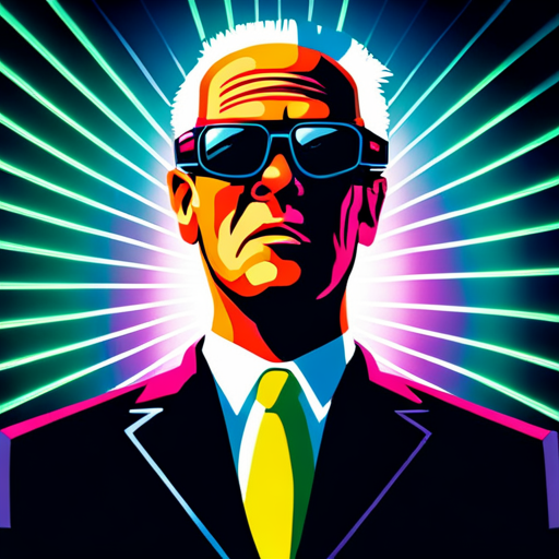 Max Headroom, a talking head on a TV screen, wearing black sunglasses and flashing exaggerated facial gestures, appears in front of a grid of neon lights in the dark and cramped control room of Network 23, engaging in clever wordplay and teasing others. Phooky, a horrible, gnarled old troll, looks on. 
