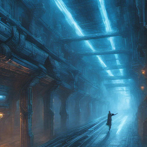 A trail of glowing blue energy hovers in the air, weaving through the intricate passages of the lower level of the bridge. It pulsates with an ethereal glow, guiding Thraeryn towards the hidden facility. The LED-lit storage area provides a backdrop for this mysterious journey.