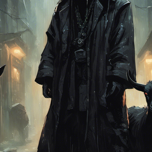 Thraeryn stands in a grimey alley, rain lightly falling, as he locks eyes with a black goat. The goat's black fur glistens in the dim light, its horns curving backward over its head. Its eyes widen with surprise and defiance, a strange glint shining within. The tension between them is palpable, as the goat warns Thraeryn of the consequences should he cross its ancient and vast darkness.