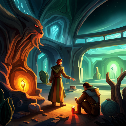 Thraeryn searches the lab for manuals and finds "The Alien's Guide to Engineering." Mr Whiskers discovers notes on experiments with an energy crystal and strange symbols. In the background, a cave axolotyl's gills glow green. Stardeath, a fox-shaped man with star-shaped feet, and test are also present. Thraeryn, the red Villain of Hackers.Town, and Mr Whiskers, a bearded mountain man, search the lab.