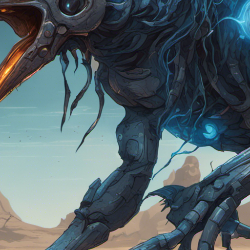 A close-up of a small, glowing shock worm with pulsating blue skin and crackling electric mandibles. It exudes a fearsome presence, surrounded by an aura of electricity. The wind howls in the background, whipping up sand and dust, while a buzzard perches nearby on a rocky formation in the deep desert.