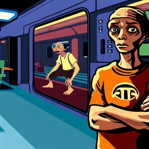 Zeb's eyes focus on the atari 2600, with E.T. on the screen and Pitfall and Adventure nearby. The colorful subway station provides a unique backdrop.
