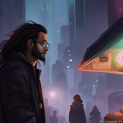 b sees a dimly lit street in Downtown, with low clouds reflecting the city lights. People wander around, looking for fun or trouble. Falafel guy stands next to his food cart. b, with long hair and glasses, reads the decrypted file on his laptop, wearing a black outfit and headphones.