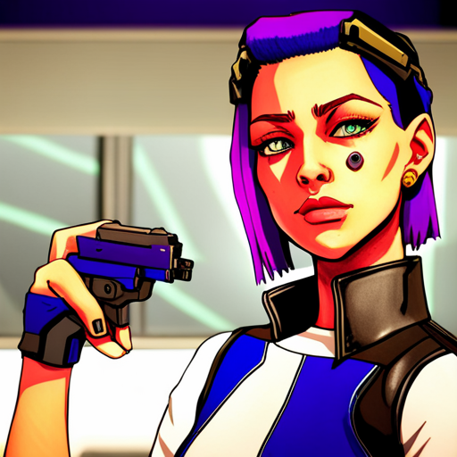 Starla, a cyberpunk woman with purple hair and a neoprene jacket, faces Wrewdison, eyeing his quadradial disrupter gun. 
