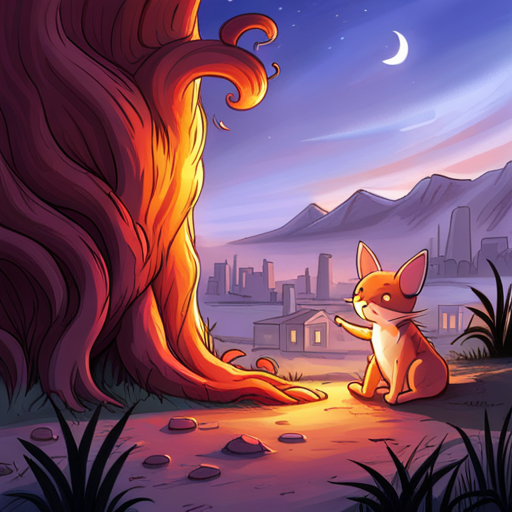 Rufus sees an adorable creature with red fur sitting on its haunches, staring up at him with wide, curious eyes. Its ears are perked up and its nose twitches as it sniffs the air, picking up the scent of Rufus' campfire. Its long whiskers twitch as it lets out a soft "meow."