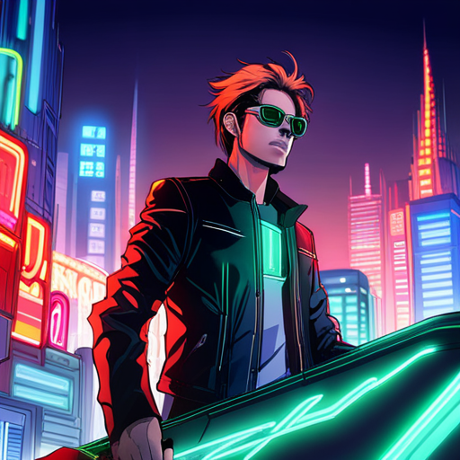 Dirk sees a humanoid with a lion's head, wearing a leather jacket and sunglasses, riding a motorcycle through a neon-lit cityscape. The Ono Sendai Cyberspace 7 device is visible in the foreground, casting a green and red glow. 
