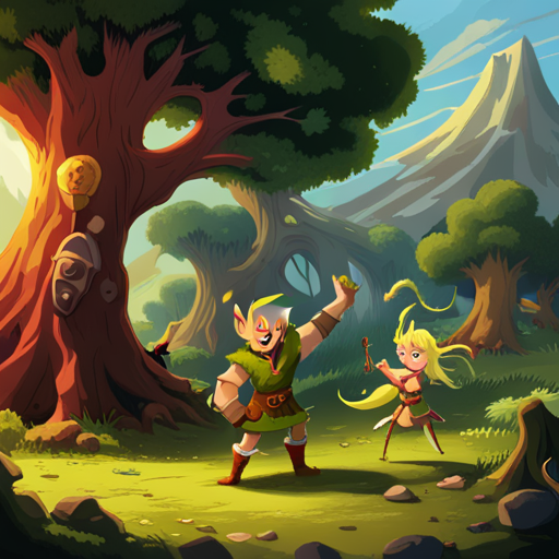 In the sun-filled clearing, Basic Elf plays tag with Snarf and Pony. They laugh and run around trees and camping equipment. Basic Elf sings to Barbarian while waving a regular banana, inviting him to play tag. Barbarian, a hulking figure in a fur loin cloth and tall boots, wields a sword and seeks glory. Pony, a bright pink pony covered in glitter, has a green leaf emblem on her hind quarters and loves to sing.