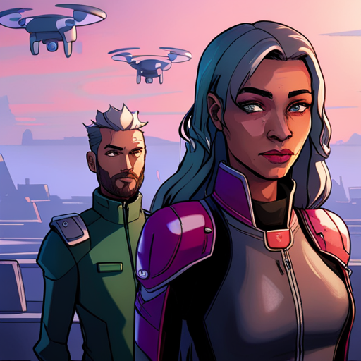 Starla, a cyberpunk woman with purple hair and a neoprene jacket, smirks as her quadcopter drone hovers above Thraeryn's head. Thraeryn looks on, impressed but suspicious. The Bridge and its squatters can be seen in the background.
