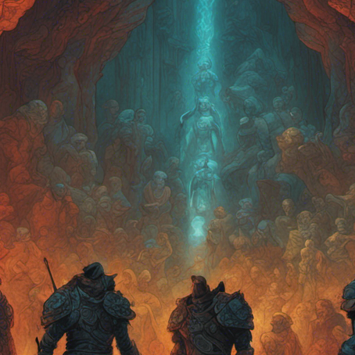 In the dimly lit cave, the group stands before an ancient mural. The vibrant colors of the engraved artwork depict a fierce battle between warriors of light and shadow. The details are intricate, capturing the intensity of the clash. They are left in awe, their curiosity piqued about the story behind this captivating scene.