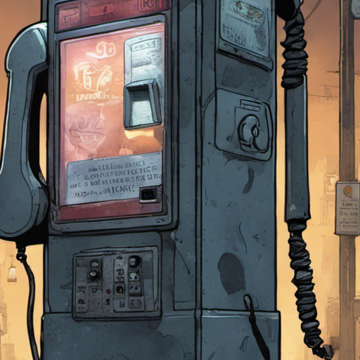 The old payphone stands in the dimly lit street, its glass door covered in a faded cult of the dead cow sticker. A quarter glimmers in the coin return, while an out-of-place dataport catches Lambda37's eye. The city's lights reflect off the low clouds, creating a hazy glow in the damp air. People pass by, oblivious to the secrets hidden within the worn phone booth.