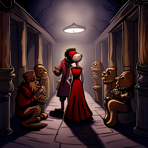 A group gathers in the dimly lit Catacombs. Zeb, a bearded man with a spikey mohawk, greets the party. Dog, a medium-sized dog, wags its tail excitedly. Anesthesia, a strangely pale woman in a blood red velvet dress, nods in acknowledgement. Scout, Zeb's trusted companion, growls warily. The air is filled with anticipation as they stand among the rows of skulls and flickering torchlight.
