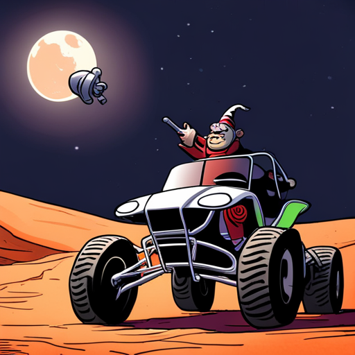 Zeb's eyes are filled with excitement as he looks at the scene before him. The dune buggy, sleek and black, is ready for action. Donkules and Gnome, their faces a mix of anticipation and nervousness, quickly hop into the passenger seats. Barbarian, his eyes gleaming with adventure, slams his fist onto the roof with a mighty "YEAH!" before jumping into the back. The four adventurers buckle up, ready for the next stage of their quest. The engine roars to life, and the dune buggy speeds off, leaving a trail of dust behind them.