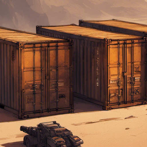 Thraeryn sees three large shipping containers arranged in an L shape, with the third one stacked on top to create a sheltered area underneath. The containers are weathered and rusty, standing against the backdrop of a dusty wasteland with jagged mountain ranges in the distance. The sun casts long shadows, indicating that it is late afternoon. Thraeryn's curiosity is piqued, and he approaches the containers to investigate their contents.