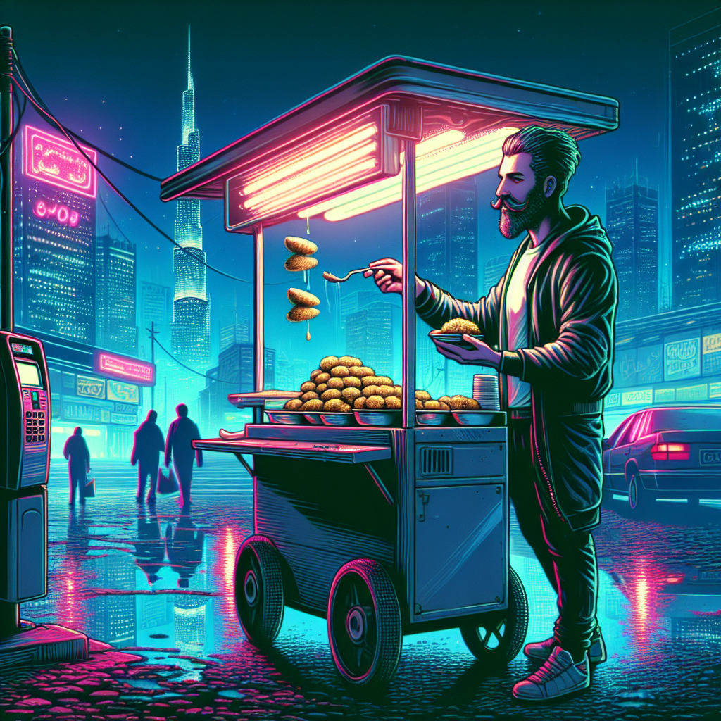 1. A mustached man beside a falafel cart, under city lights reflecting off clouds, serves dwindling patrons amid a backdrop of distant club bass and a nearby payphone.