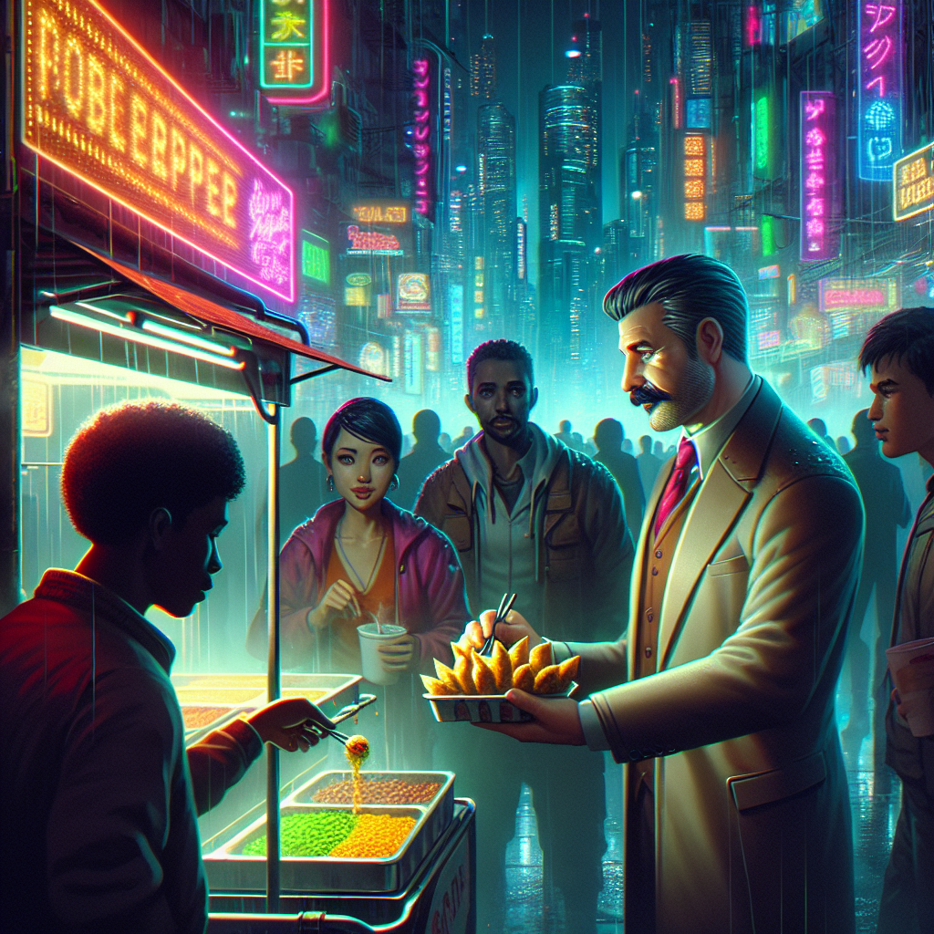 A mustachioed man serves falafel from a cart under city lights, as people with eager expressions queue. The damp night air glows with neon signs, while silhouettes drift between thumping nightclubs.