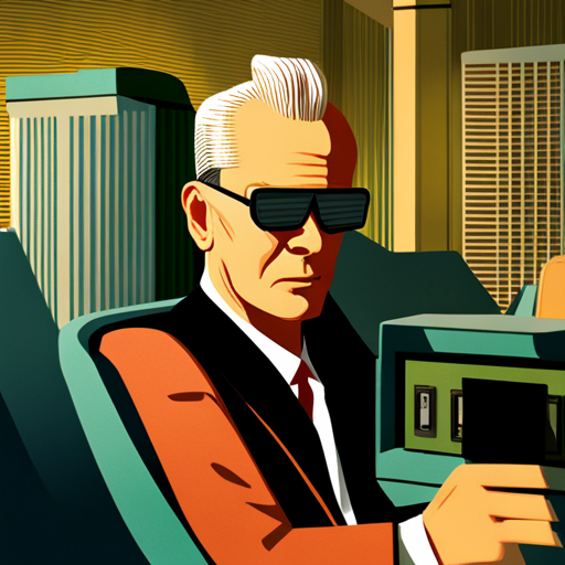 Max Headroom, a talking head on a CRT screen, adjusts some dials to help with FRED. He wears black sunglasses and has exaggerated facial expressions.
