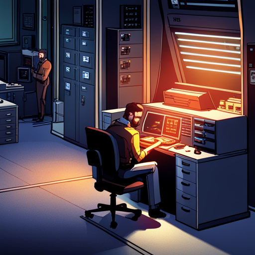 Wrewdison, in the form of a tall man with a beard, browses through encrypted notes on an old terminal. One file catches their attention - maps and schematics for a nearby research facility. LED strips illuminate the storage area around them. 
