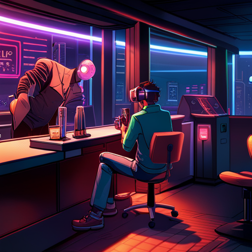 Zeb sees Dixie Flatline, a virtual reality construct, talking to him at The Chatsubo. A drunk man sleeps in the corner. Ratz the bartender is behind the bar. Loud electronic music plays in the background.
